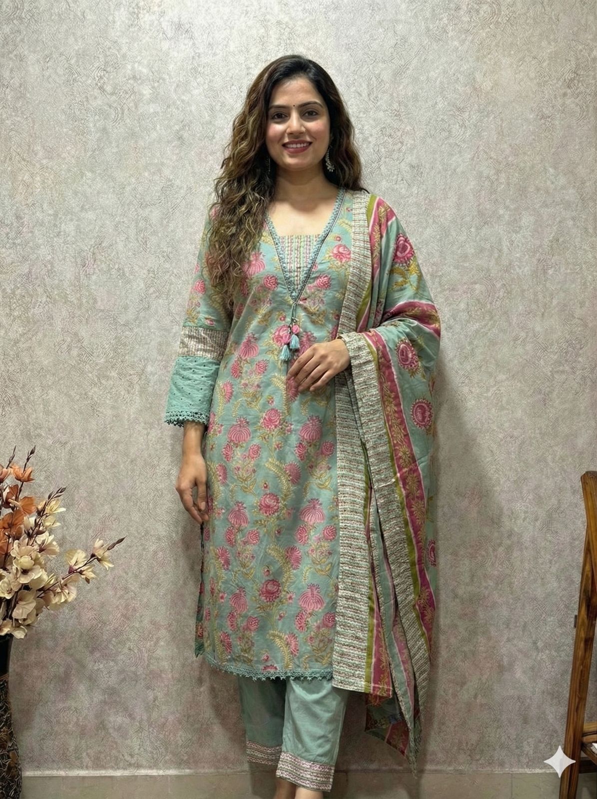 Premium pure cotton shifli detailing on sleeves in blue