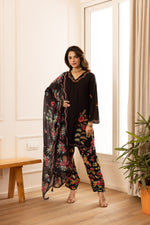 Slub cotton embroidered farshi suit set in black
