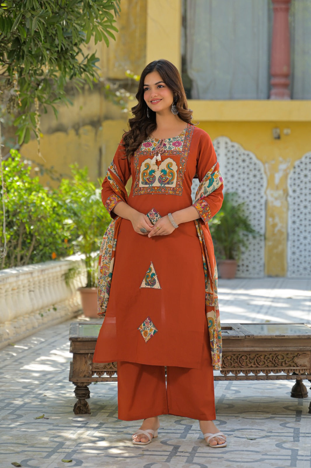 Pure cotton black printed applique work suit set