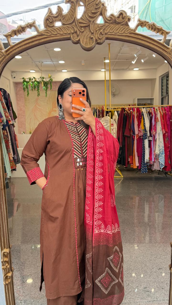 Pure cotton real mirror suit set paired with block print dupatta in brown