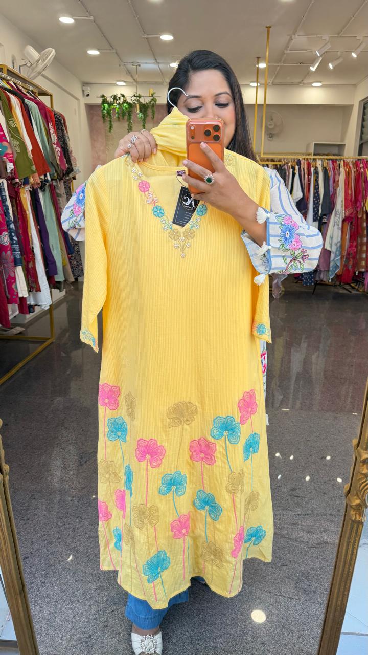 Pretty pretty fully embroidered premium cotton suit set in yellow