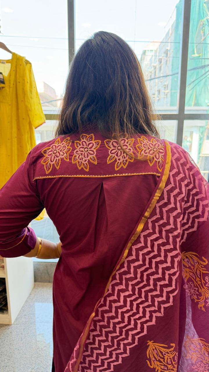 Pretty designer back and pocket paired with cotton chanderi dupatta full suit set in premium cotton in wine