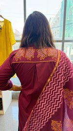 Pretty designer back and pocket paired with cotton chanderi dupatta full suit set in premium cotton in wine