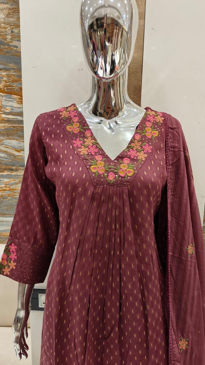 Premium cotton zari embroidered Anarkali suit set