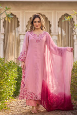 Fully embroidered and cutwork Mul chanderi suit set in pink ombre