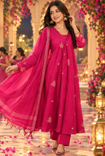 Pretty Mul chanderi with handwork suit set in Rani pink
