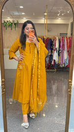 Pretty designer back and pocket paired with cotton chanderi dupatta full suit set in premium cotton in yellow