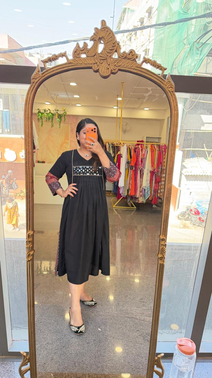 Pure cotton ajrakh real mirror cotton one piece/ kurti in black