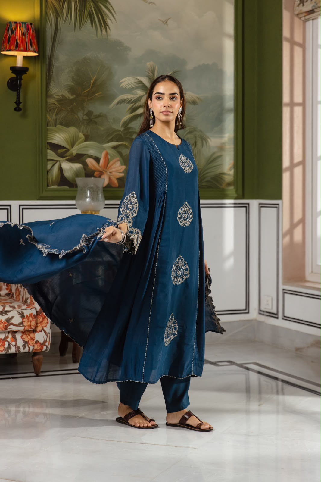 Brown Mul chanderi applique embroidered suit set in blue