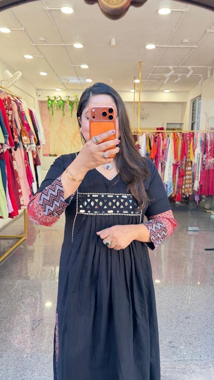 Pure cotton ajrakh real mirror cotton one piece/ kurti in black