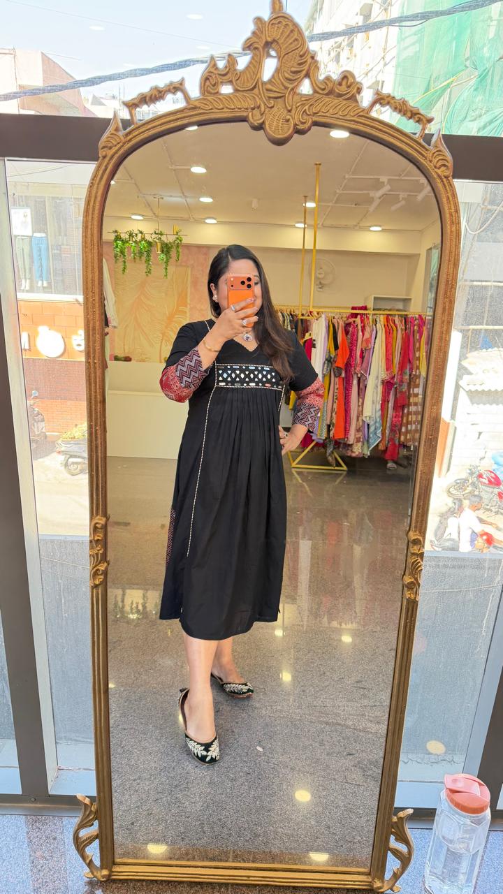 Pure cotton ajrakh real mirror cotton one piece/ kurti in black