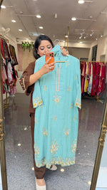 Premium Mul Chanderi embroidered full suit set in blue