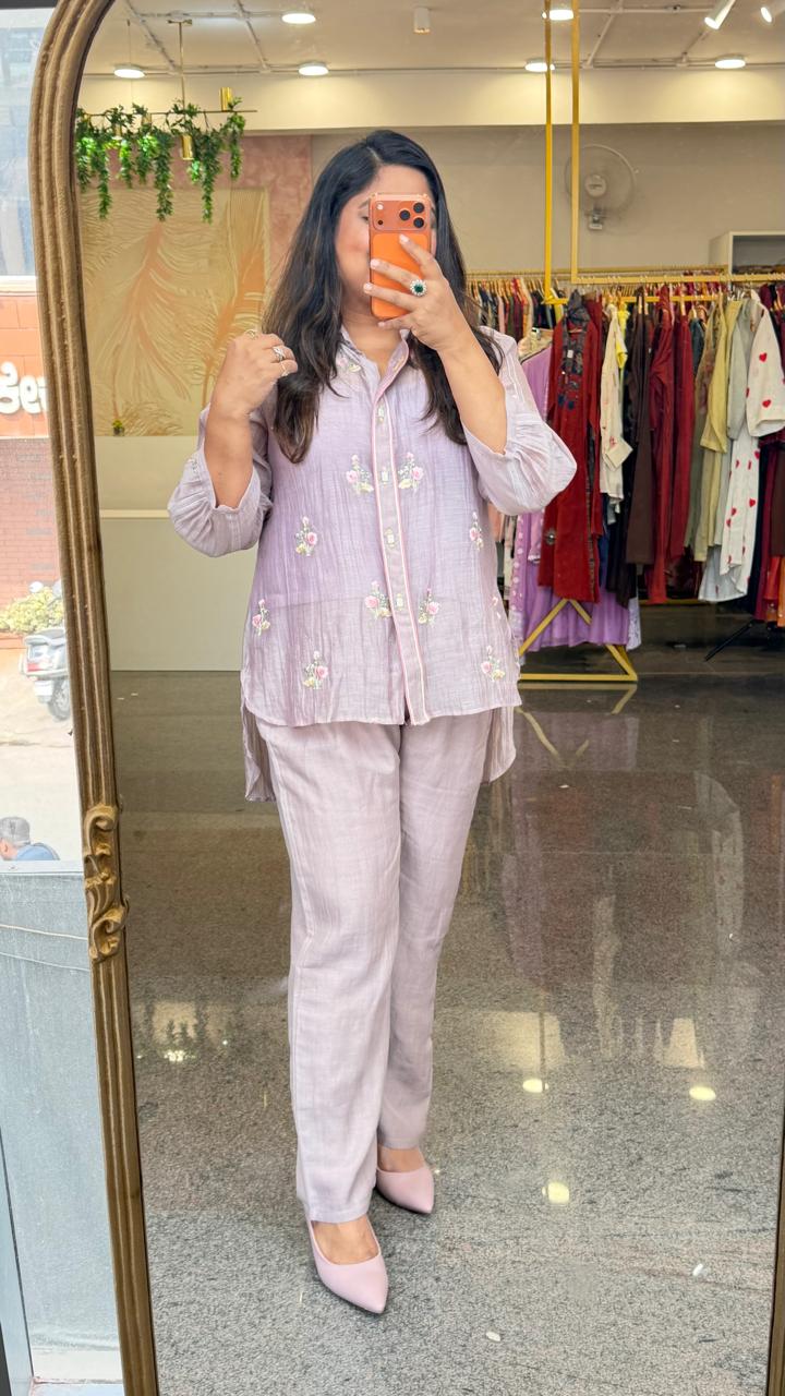 Restocked !! Viral co ord in new colour! Pure Banarasi Mul chanderi paired with inner co ord set in powder purple