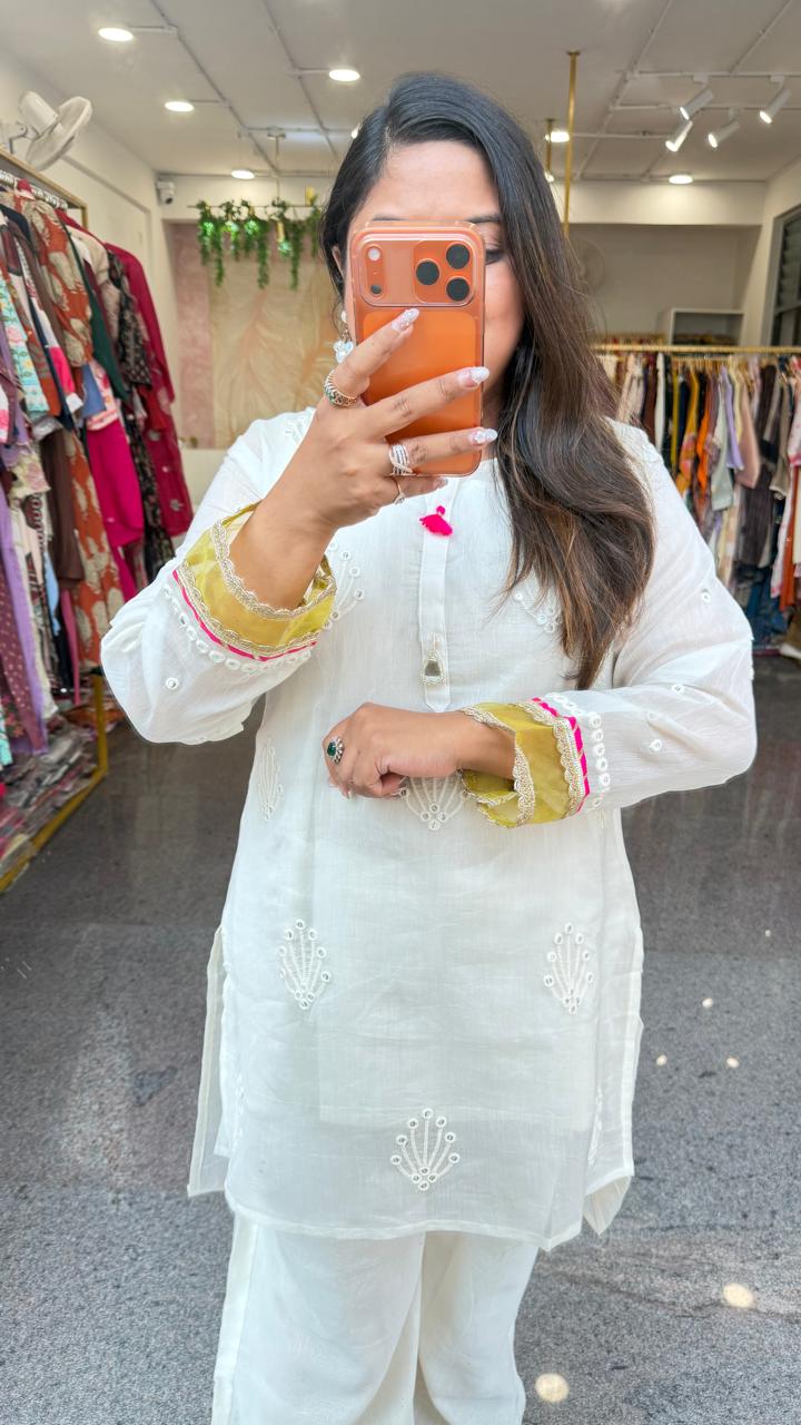 Premium Mul chanderi with embroidery and designer back and inner Full Suit Set