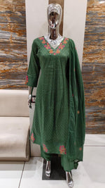 Premium cotton zari embroidered Anarkali suit set in green