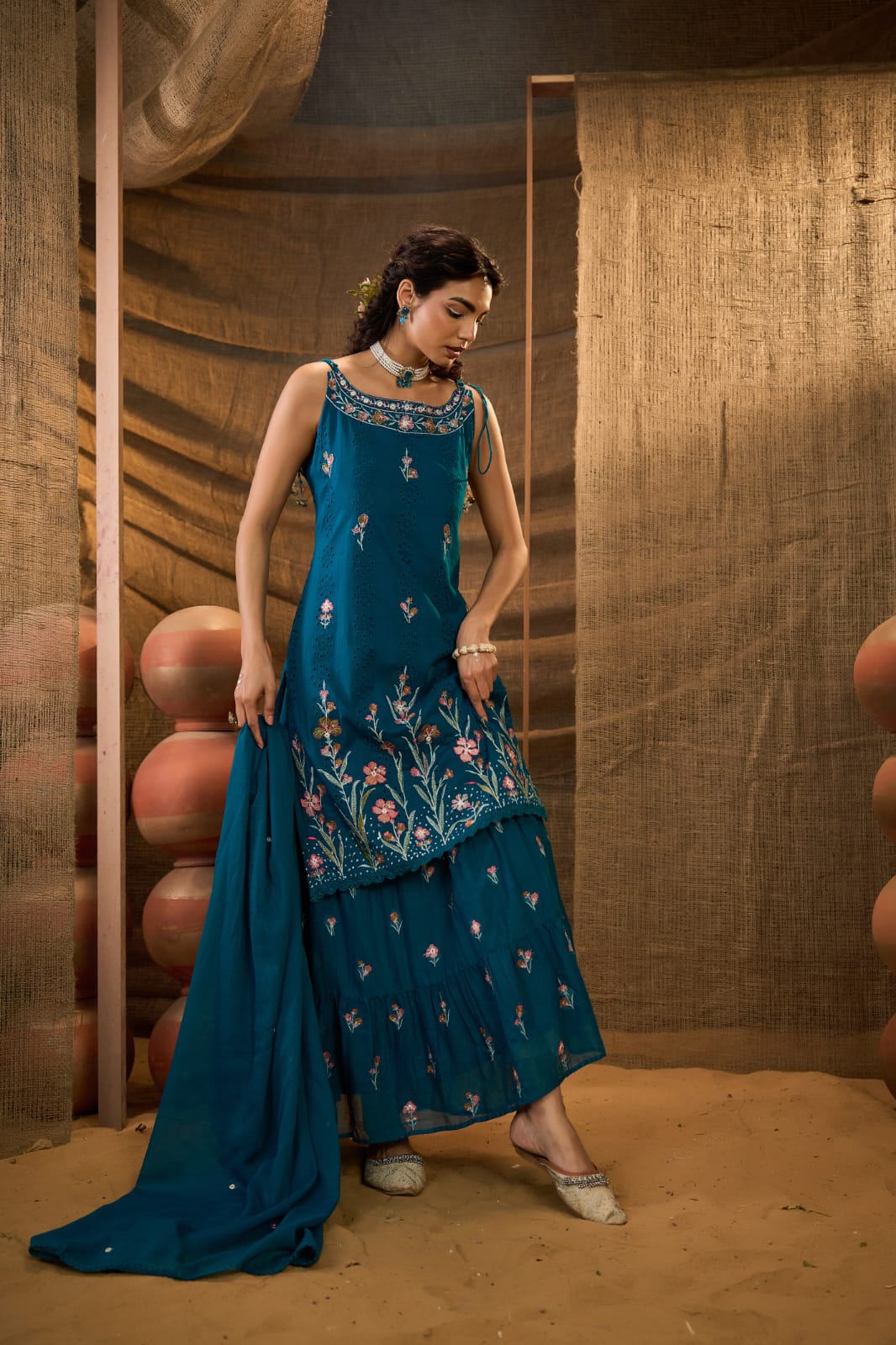 Fully embroidered Mul cotton embroidered set in teal blue