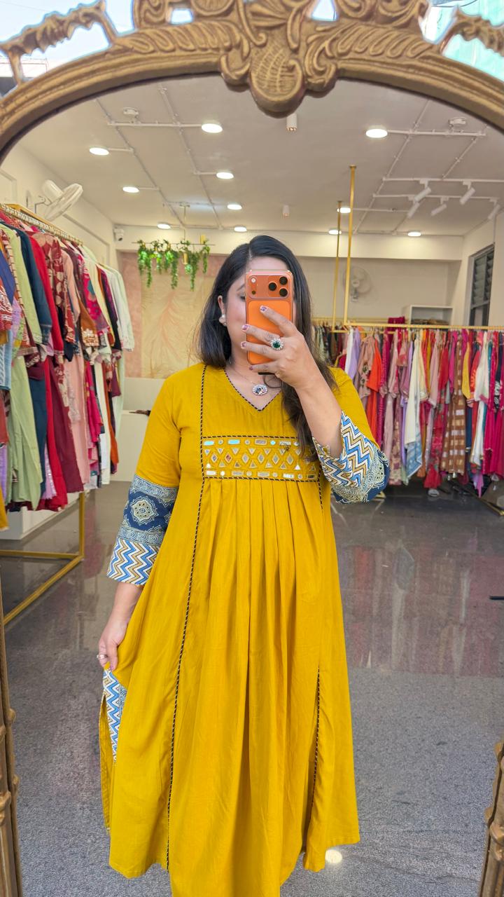 Pure cotton ajrakh real mirror cotton one piece/ kurti in yellow