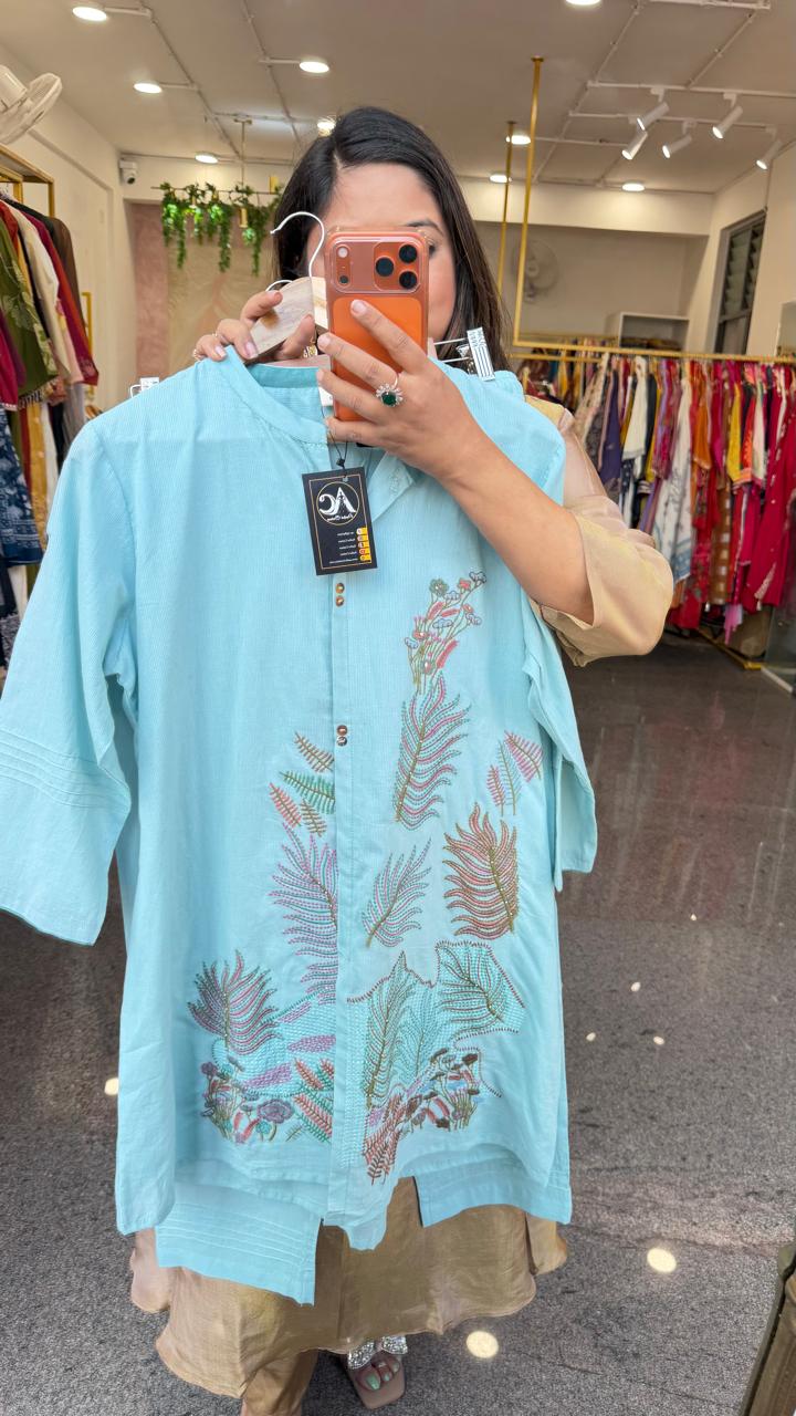 Ice blue katha stitched silly cotton lining co ord set