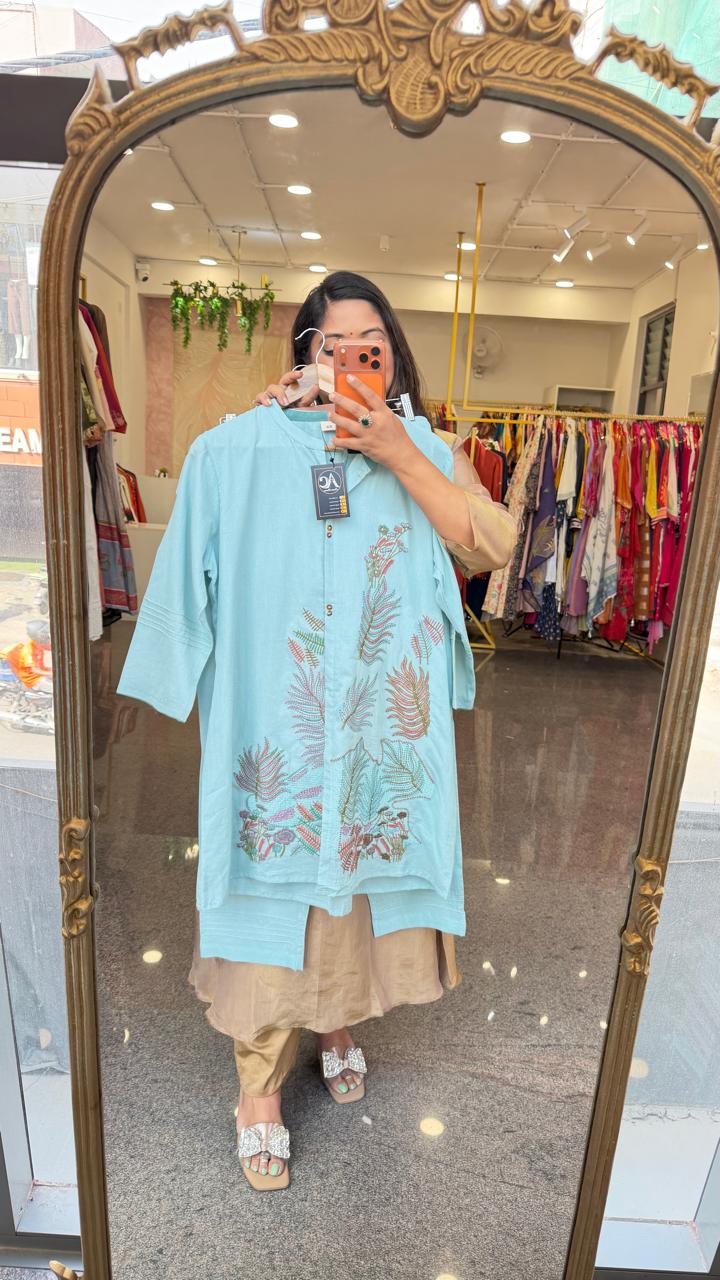 Ice blue katha stitched silly cotton lining co ord set