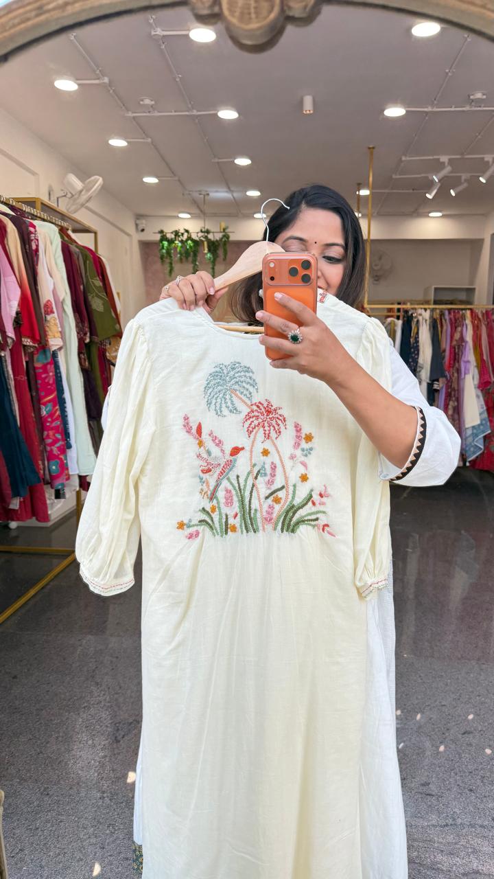 Pure Mul cotton designer back kurta pant in ivory