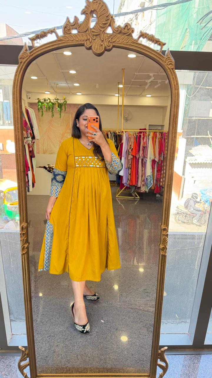 Pure cotton ajrakh real mirror cotton one piece/ kurti in yellow