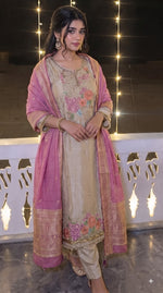 Premium tissue applique embroidery suit set with Banarasi dupatta
