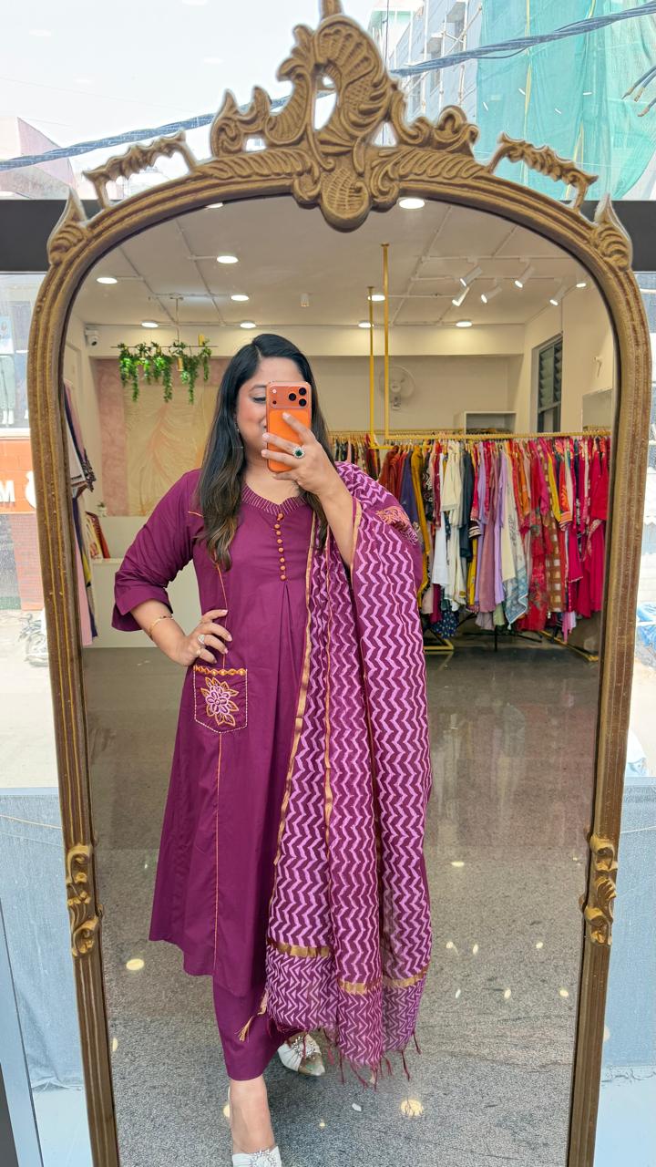 Pretty designer back and pocket paired with cotton chanderi dupatta full suit set in premium cotton in wine