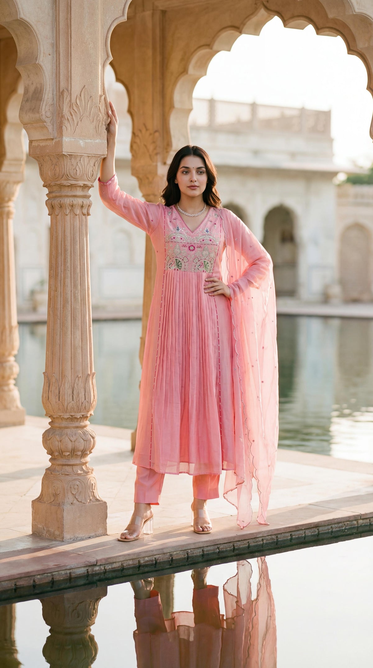 Premium Mul chanderi with zari detailing full suit set in pink