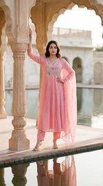 Premium Mul chanderi with zari detailing full suit set in pink