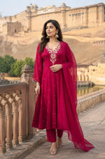 Super premium chinon handwork Anarkali suit in pinkish red