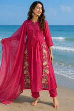 Smart cotton embroidered pintex detailing suit set in pink