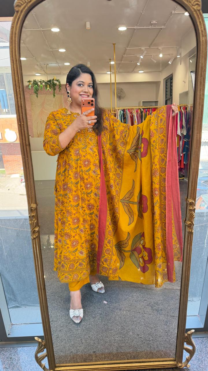 Pure cotton Kalamkari Anarkali suit set in yellow