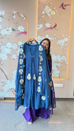 Premium pretty chinon fully embroidered suit set in blue