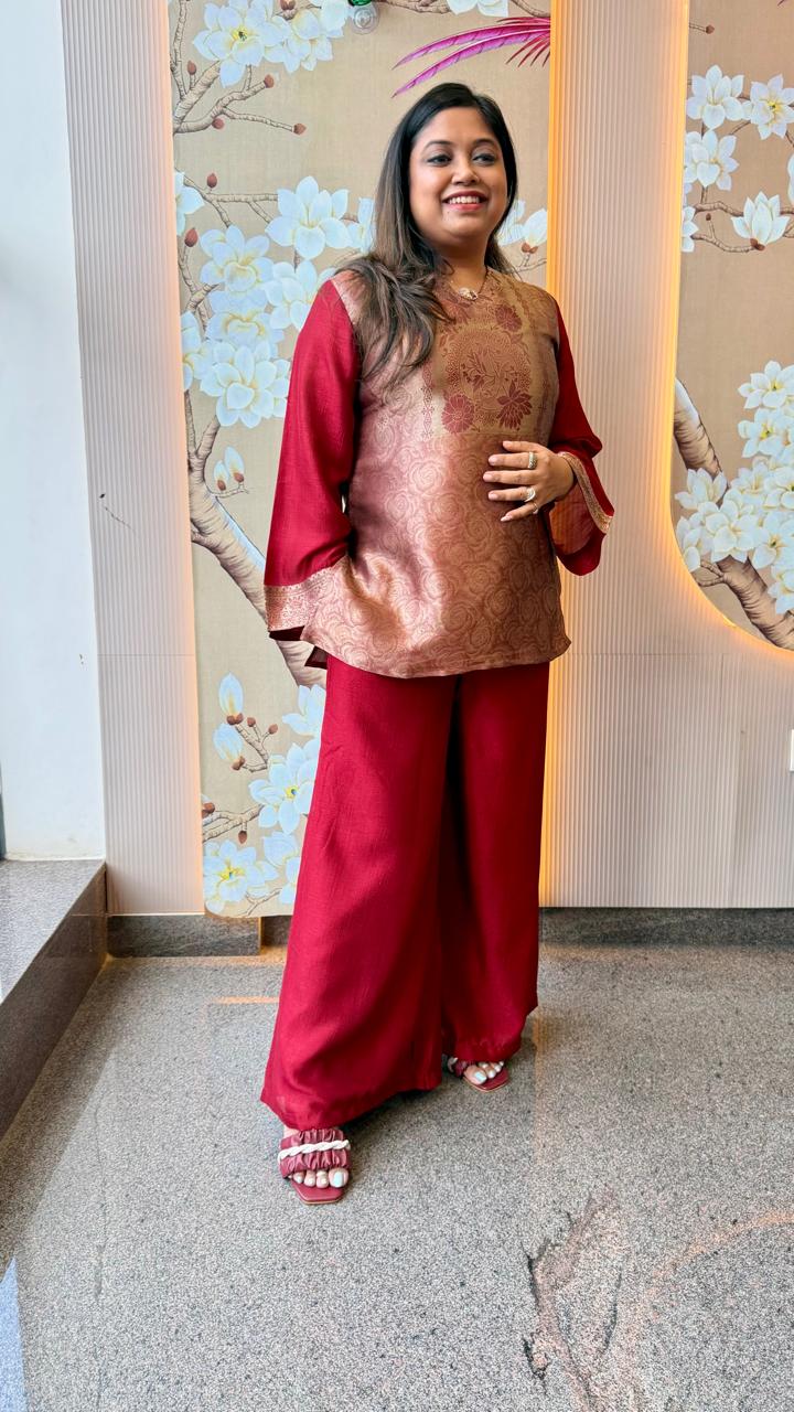 Pretty brocade designer super stylish and comfortable co ord set in maroon