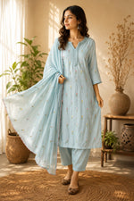 Mul chanderi fully embroidered with designer sleeves full suit set in blue