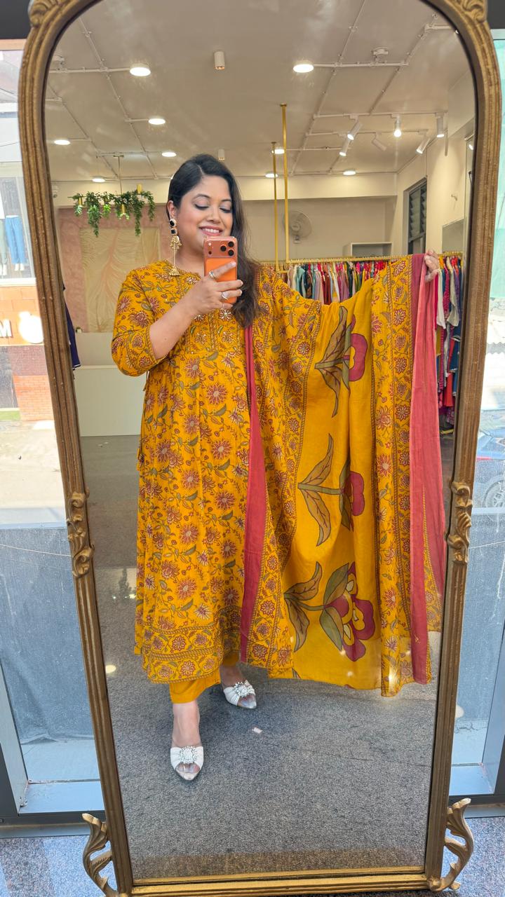 Pure cotton Kalamkari Anarkali suit set in yellow