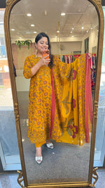 Pure cotton Kalamkari Anarkali suit set in yellow