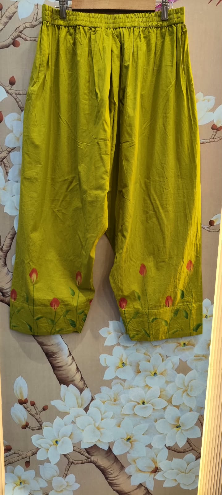 Brush painted full suit set in green in farshi salwar