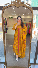 Pure cotton Kalamkari Anarkali suit set in yellow