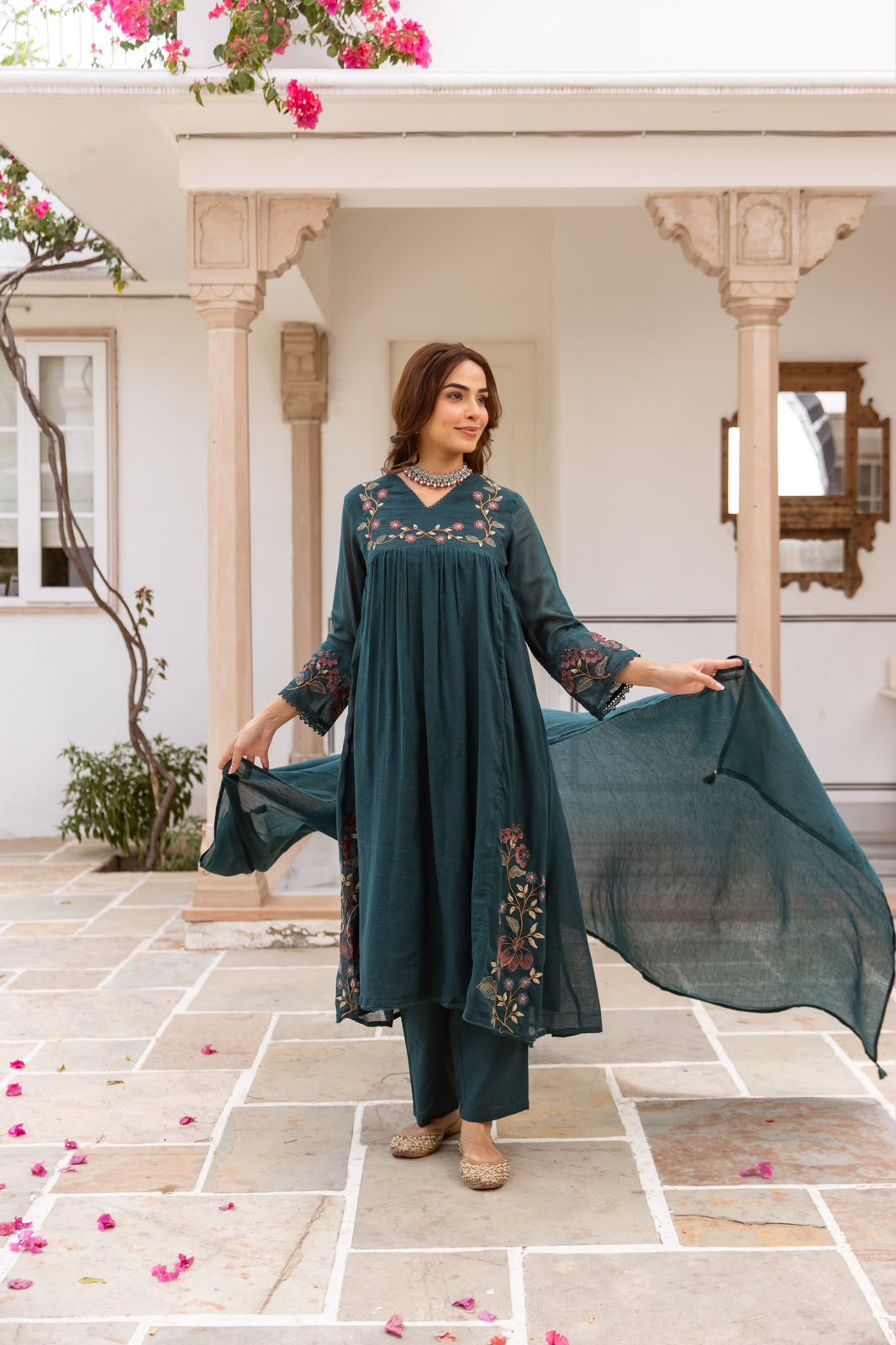 Kota checks cotton embroidered full Anarkali suit set