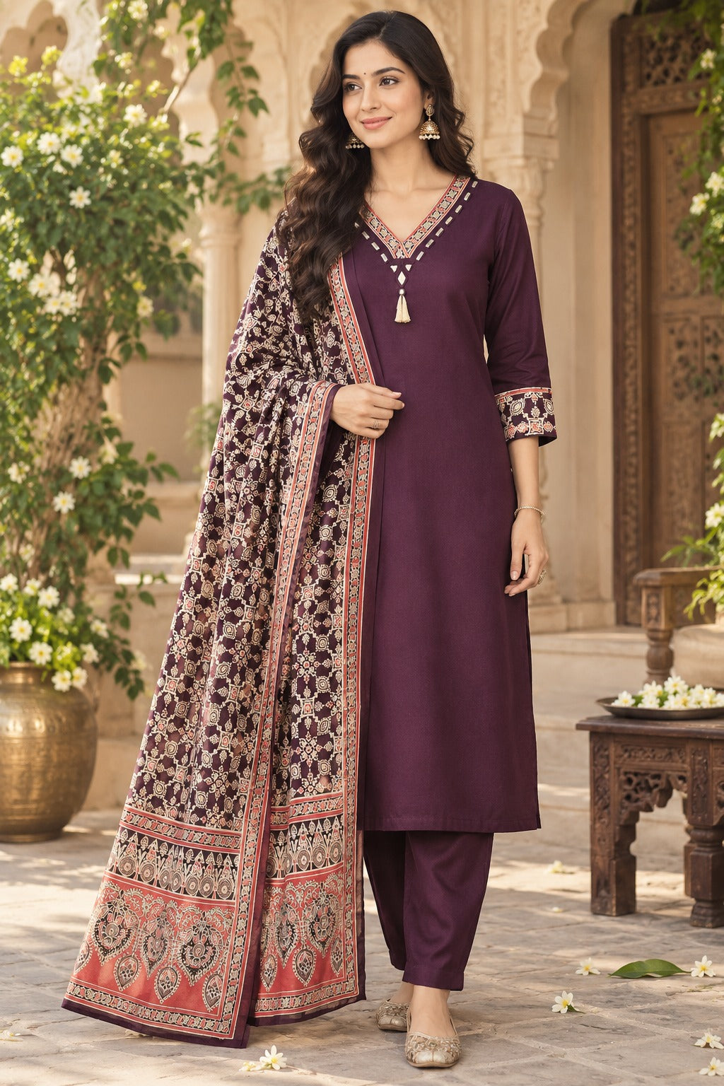 Premium gaji silk suit set paired with Kalamkari dupatta in wine