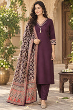 Premium gaji silk suit set paired with Kalamkari dupatta in wine