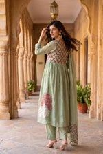 Gorgeous applique work Mul chanderi suit set in green