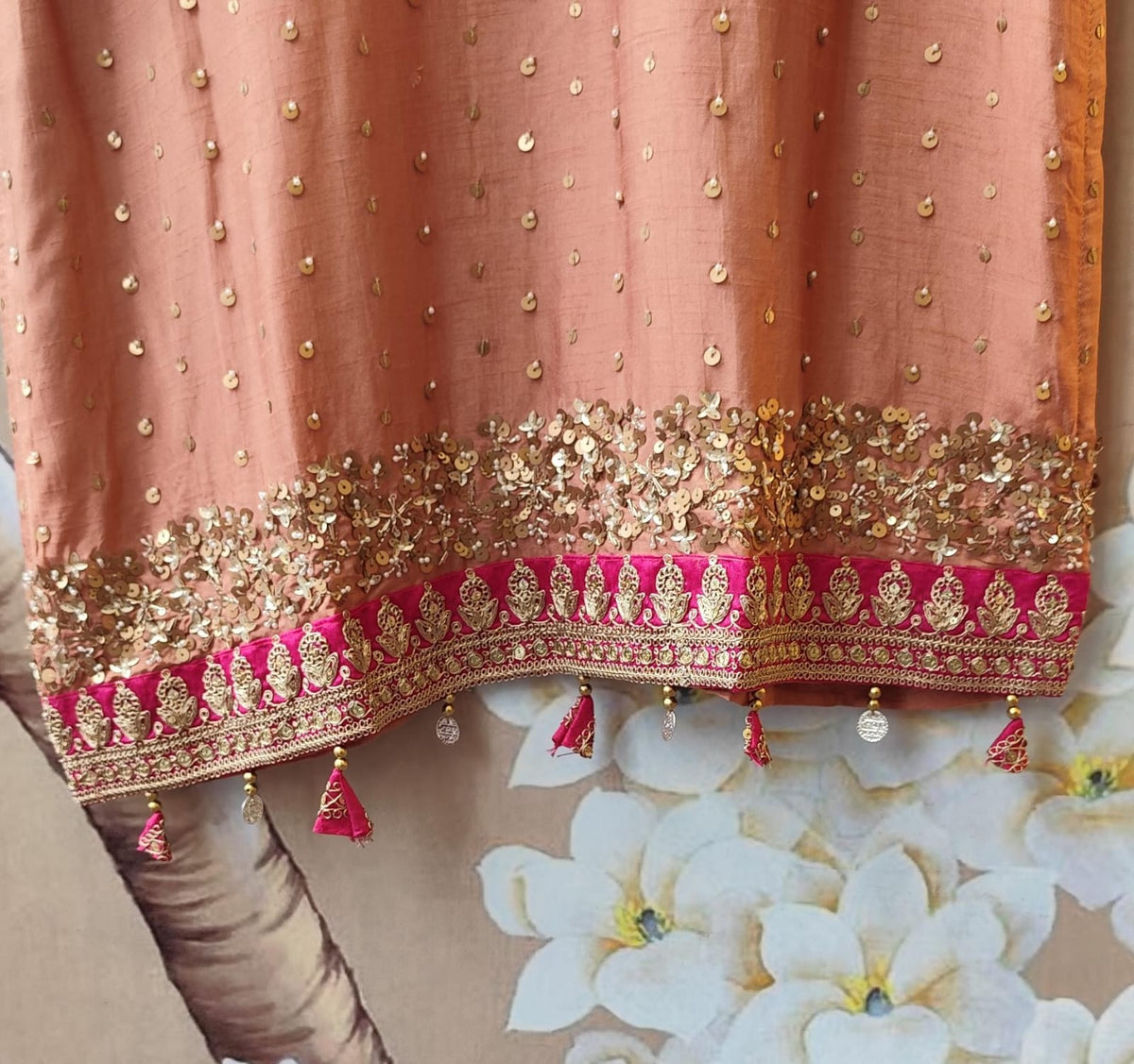 Russian silk full sequins peach suit with rani pink highlight