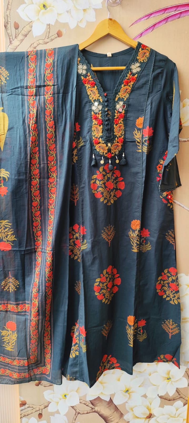 Pure cotton embroidered real mirror designer pocket full cotton suit set in blue