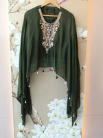 Pretty chinon hand word kaftan paired with brocade plazzo pants in green