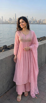 Pink Mul chanderi with gorgeous handwork suit set