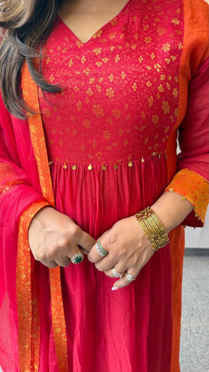 Pure Mul chanderi lining suit set with Banarasi in orange n pink