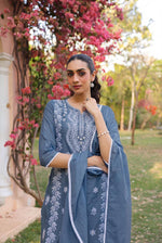 Mul cotton embroidered chikankari full suit set in blue