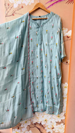 Mul chanderi fully embroidered with designer sleeves full suit set in blue